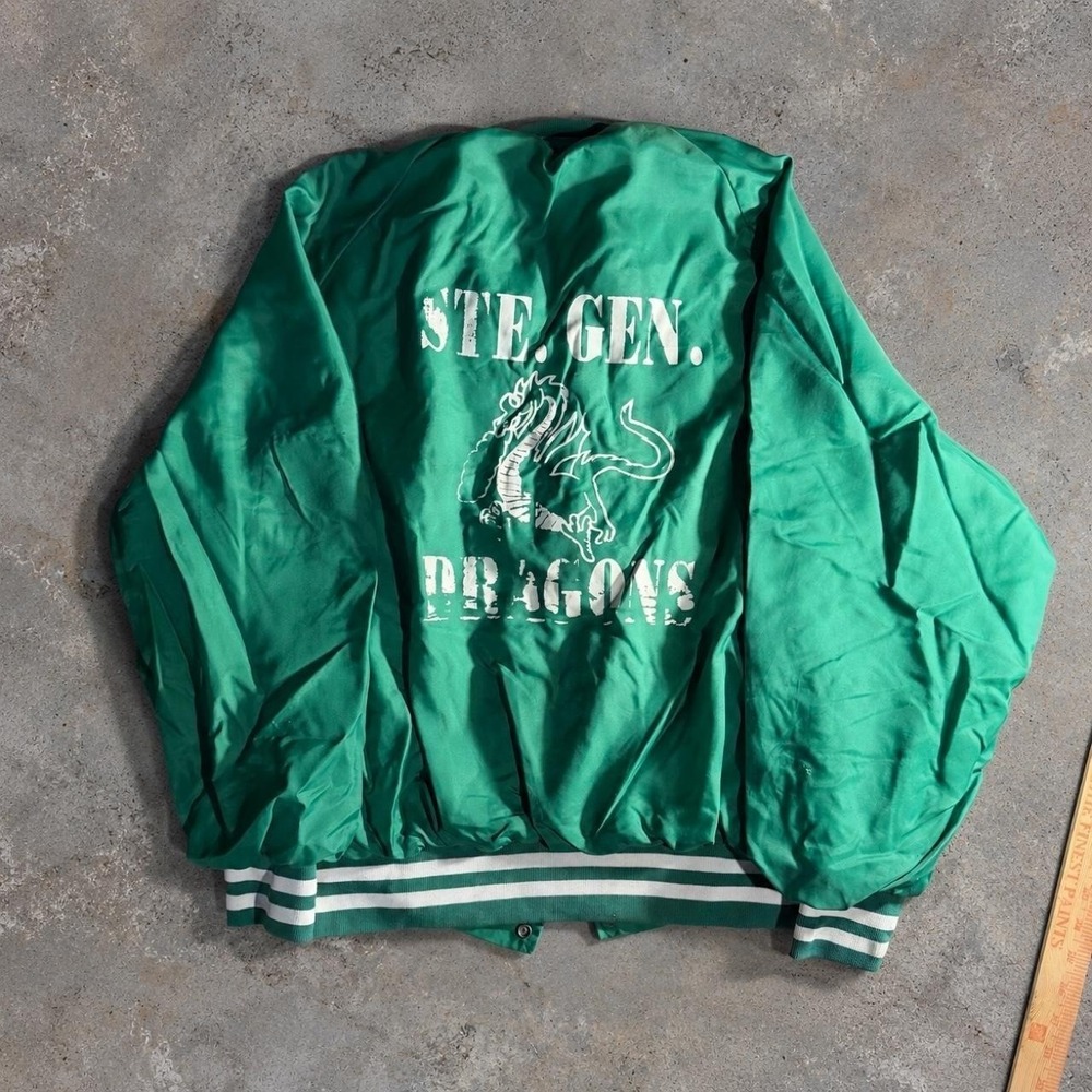 80s Ste. Genevieve Dragons Vintage WestArk Green Satin Varsity Jacket 2XL USA